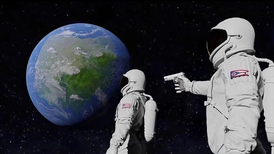 Astronauts Holding Gun to Earth